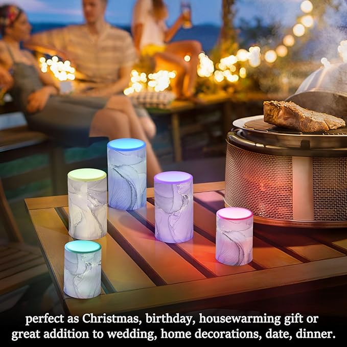 Flickering Flameless Candles, Purple Marble Lavender Liquid LED Candles with Remote Timer, Set of 2 Battery Operated Candle for Valentine Wedding Birthday
