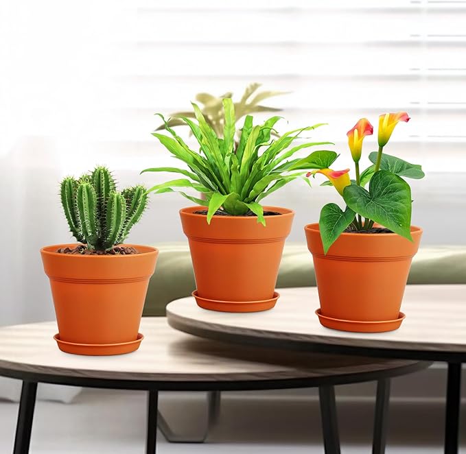 6 inch Plastic Nursery Pots, 16 Pack Plant Pots for Indoor Outdoor Plants, Flower Pots with Drainage Holes and Saucers, Decorative Seedling Starter Planters for House Plants, Terracotta