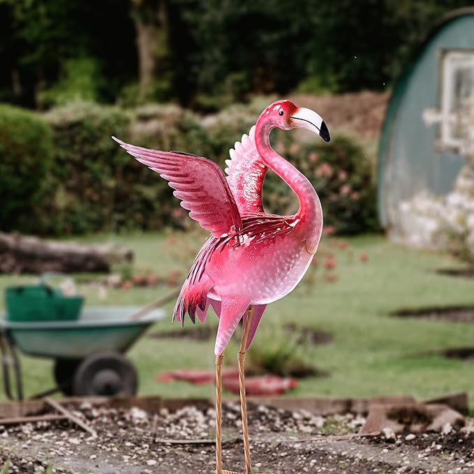 Natelf Garden Flamingo Statues and Sculptures, Outdoor Metal Bird Yard Art, Pink Flamingos Lawn Ornament for Patio Backyard Porch Decorations