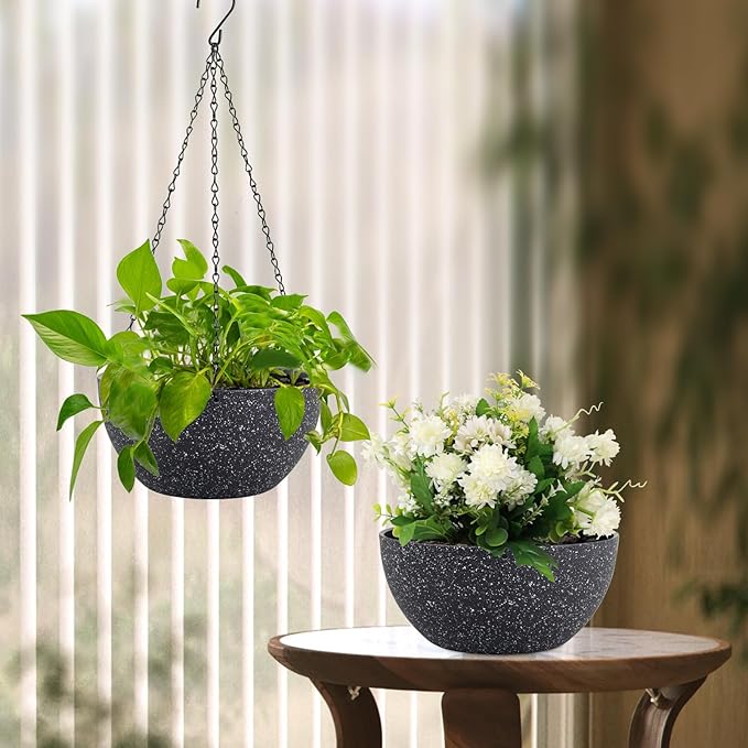 10 inch Hanging Planters for Indoor Outdoor Plants, 2 Pack Hanging Flower Plant Pots with Drainage Holes and Chain for Garden Porch, Plastic Hanging Baskets for House Plants, Speckled Black
