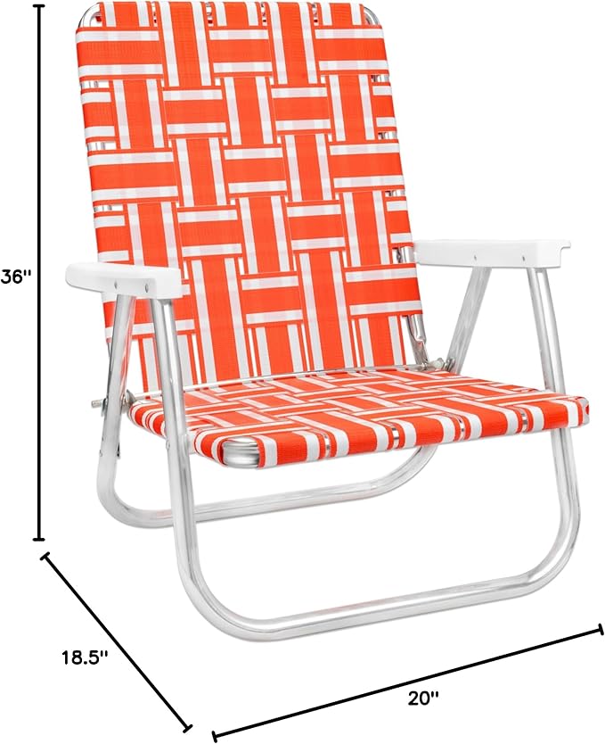 Lawn Chair USA Folding Aluminum Outdoor Patio Lawn Chair | Heavy-Duty Webbed Chairs for Camping, Sports, Beach Yard & Tailgating | Lightweight Portable | High Back Beach Chair- Orange & White Stripe