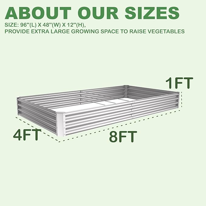 8X4X1ft Galvanized Raised Garden Bed for Gardening,Metal Planter Boxes Outdoor Patio Kit Planting Bed for Vegetables Flowers Herb,Silver