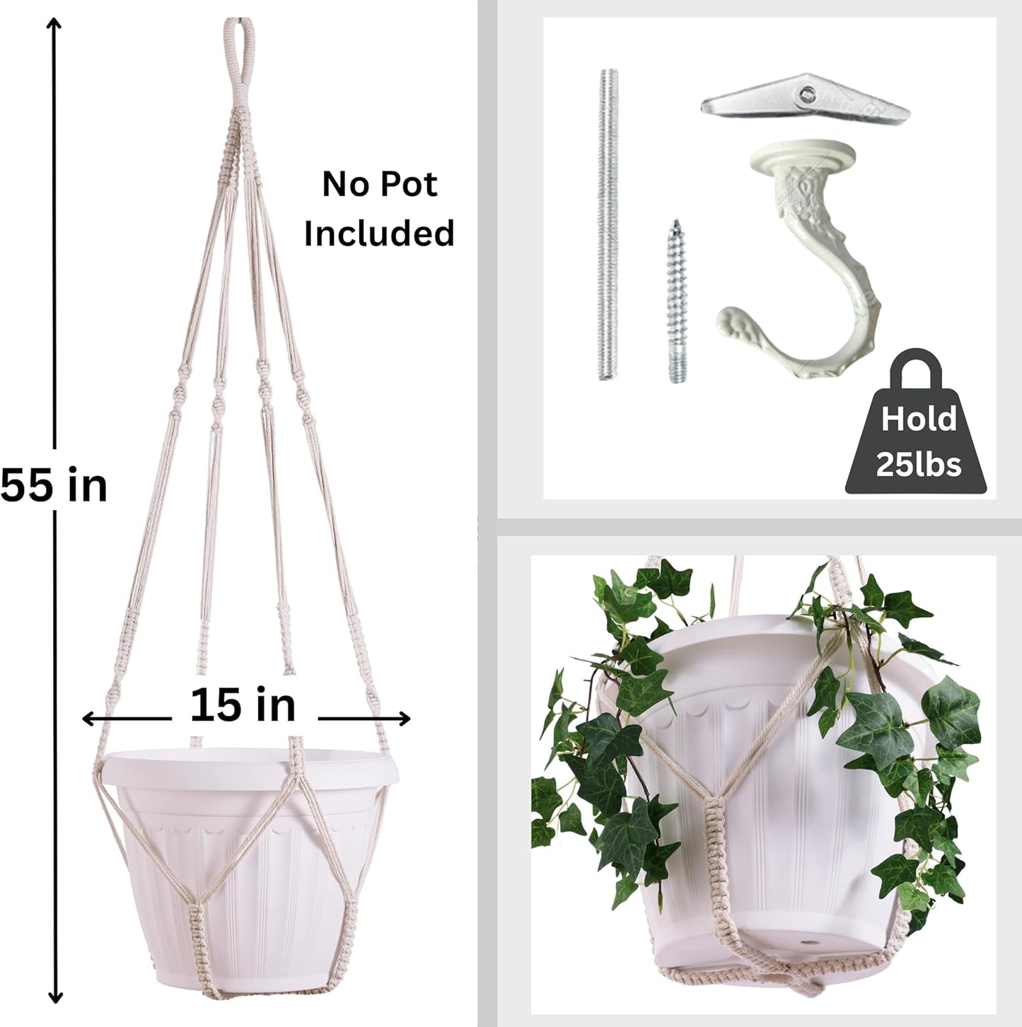 2 Pack Giant XXL 55 Inches Macrame Planter Hanger Large for 15 inch Pot + Swag Hook | Extra Large Hanging Planter for Indoor Plants | No Pot/Plant Included (XXL)