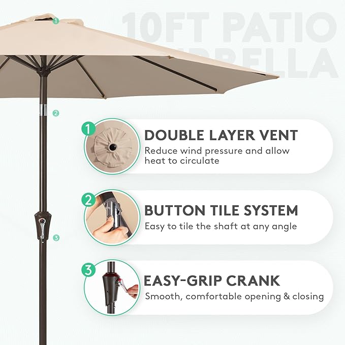 JEAREY 10FT Outdoor Patio Umbrella Outdoor Table Umbrella with Push Button Tilt and Crank, Market Umbrella 8 Sturdy Ribs UV Protection Waterproof for Pool, Garden (Beige)
