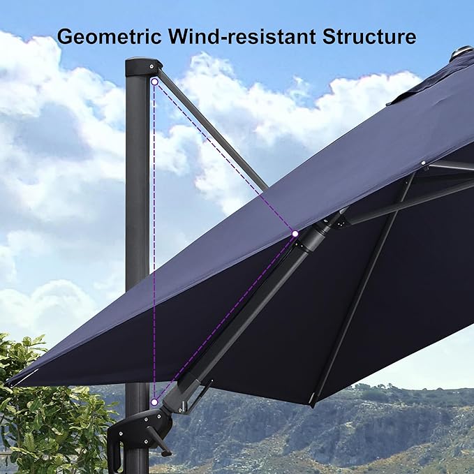 PURPLE LEAF 8.8' X 8.8' Right-left Tilt Patio Umbrella with Base Outdoor Cantilever Swivel Square Umbrella with Tilt Aluminum Offset Umbrella with 360-degree Rotation for Garden Deck Pool Patio Navy
