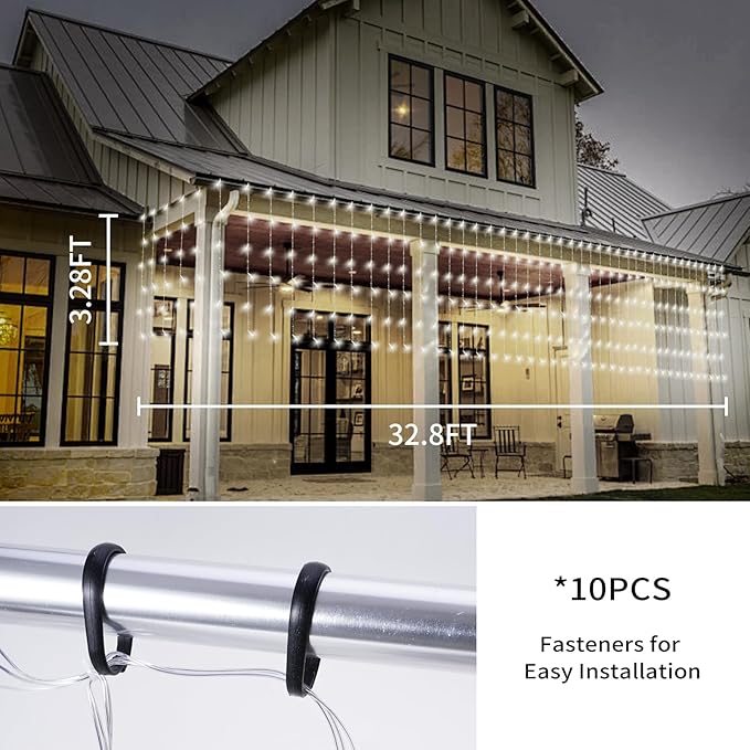 32.8 * 3.28FT Large Size Solar Curtain Lights Outdoor, 8 Modes Icicle Lights, Solar Garden Christmas Decortions for Patio, Gazebo, Eaves, Fence, Tree, Porch (White)