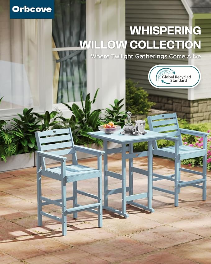 5-Piece Bar Height Outdoor Table and Chairs Set, HDPE Wood Grain Patio Bar Table and Chairs with Heart Cutout Design, Weather-Resistant Bar Height Furniture for Deck, Porch, Pool (Light Blue)