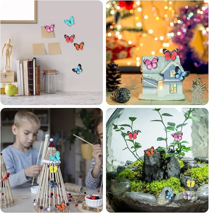 80pcs Micro Resin Butterflies, 1.6Inch Colourful Miniature Tiny Butterflies Crafts Mini Resin Butterflies for Decoration Doll House Decor Dream Garden Fairy Toys Landscape Miniature Things