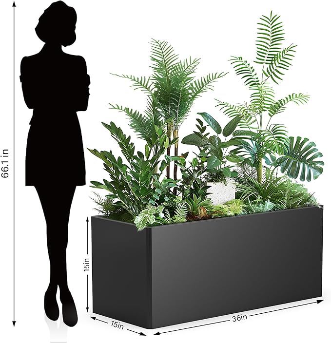 Rectangular Planter Box (36''L x 15''W x 15''H) Large Planter Box Outdoor, Metal Planters with 6 Drainage Holes for Commercial Residential Patio Deck and Backyard, Black