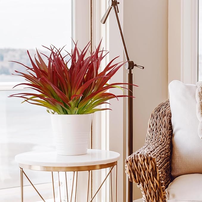 32Pcs Artificial Grass Fake Plants 17.3in Outdoor Plants UV Resistant Greenery Stems Fake Grass for Home Window Garden Office Patio Pathway Front Porch Décor Light Green & Red