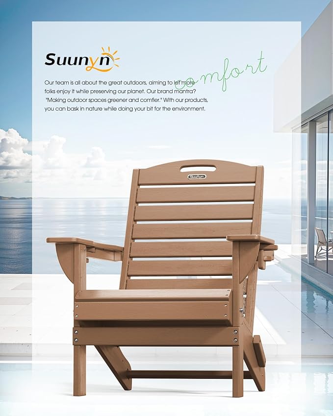 Adirondack Chairs Set of 2, Outdoor Fire Pit Chairs, HDPE All-Weather Adirondack Chairs with Cup Holder, Lawn Chair for Deck, Patio, Garden (Teak)