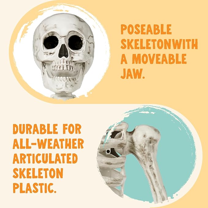 JOYIN 6.9 FT Halloween Skeleton Posable Plastic Full Body Realistic Human Bones with Movable Joints for Indoor Outdoor Halloween Props Spooky Scene Party Decorations(White, No Screwdriver)