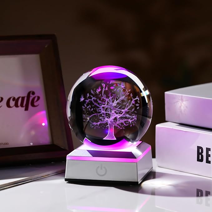 Qianwei 3D The Tree of Life Crystal Ball with LED Colorful Lighting Touch Base,Flower of Life Meditation Chakra Grid Night Light, Sacred Geometry Art Symbol for Spiritual Decor