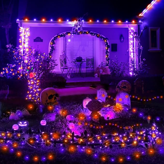 2 Pack 400 LED Solar String Lights, 8 Modes Solar String Lights for Outside, Waterproof and Solar Powered Outdoor String Lights for Holiday Christmas Yard Garden Tree Wedding Party (Orange Purple)