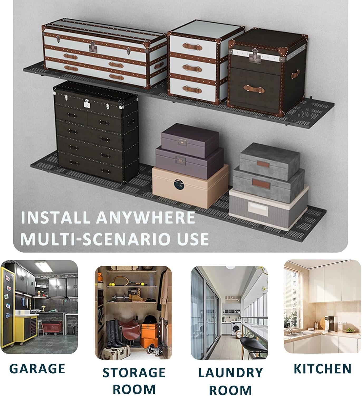 New 2 Pack Garage Wall Shelving, Heavy Duty 1.5' x 3.8' Wall Mount Storage Shelf with Hooks, Garage Storage Rack Floating Shelves, Holds 250 lbs Each