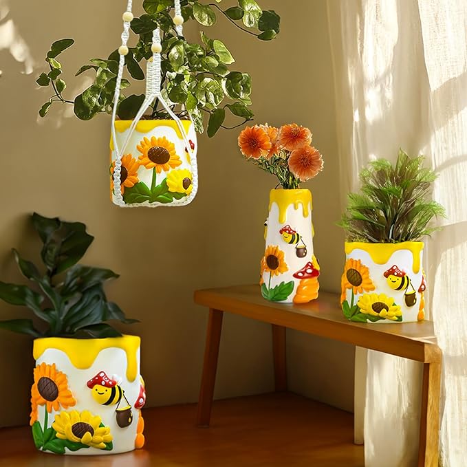 GUGUGO Colorful Bees and Sunflowers Plant Pots, Cute Unique Succulent Planters with Drainage, Rainbow Small Mushrooms Flower Planters Pots for Indoor Plants, Funny Eclectic Home Decor, Pink