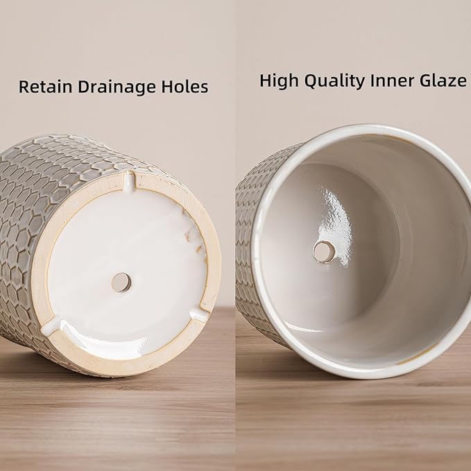 5.8 Inch Plant Pot: Ceramic Planter with Drainage Hole & Saucer - Flowerpot for Indoor & Outdoor Plants with Separate Tray for Home & Office - Honeycomb Design, Cream White