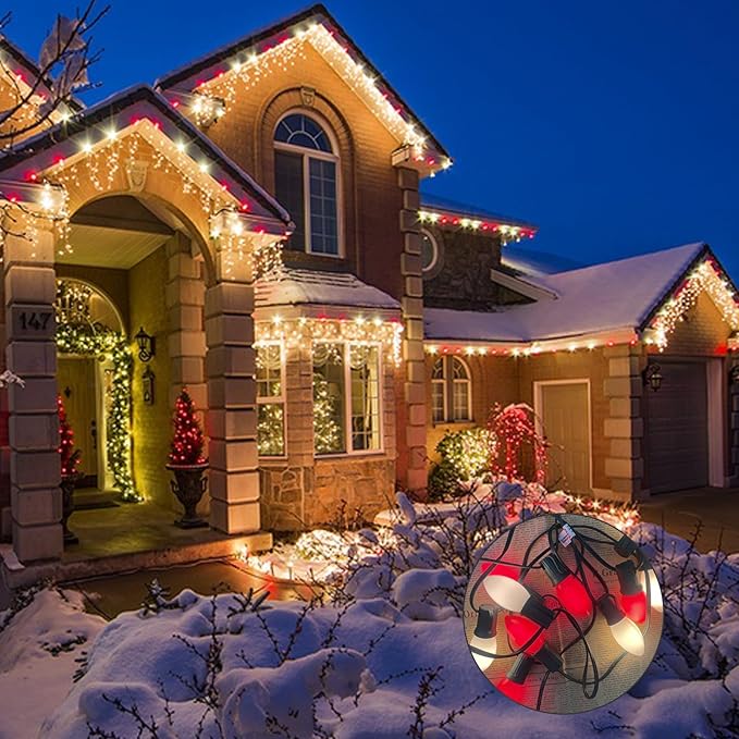 25FT C9 Christmas Lights Outdoor,Red and White C9 Christmas Lights with 26 Ceramic Bulbs(1 Spare), Connectable Incandescent Christmas Lights for Indoor Outdoor Party Home Decor,Green Wire