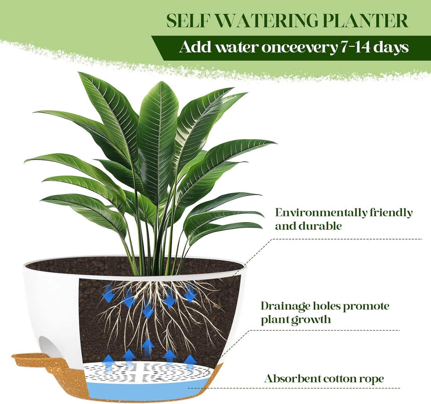 10 Inch Hanging Planters with Chains 2 Pack Self Watering White Brown Plastic Hanging Pots for Indoor Outdoor Plants, Garden Porch Home Decor (White Brown)