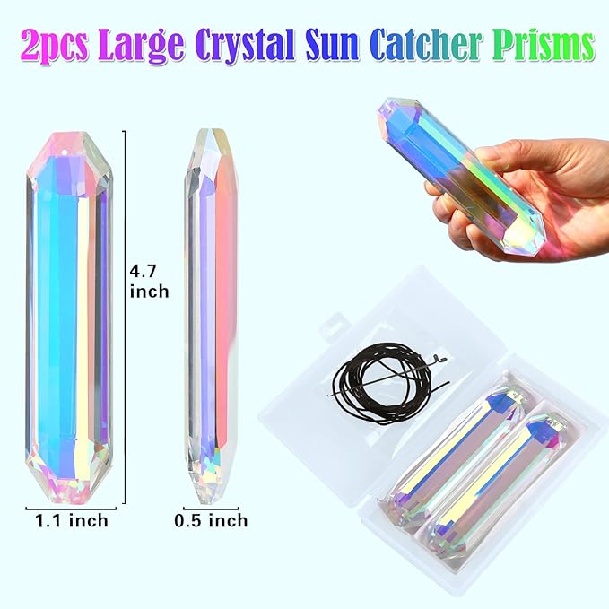 2 Pack 5" Large Crystal Sun Catchers, HYBEADS Hanging Ornaments for Windows Retangle Prism Suncatchers for Garden Home Decor Office Living Room Windows Crystal Rainbow Maker