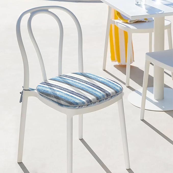 Indoor/Outdoor Chair Cushions 16x17 Inch, Patio Chair Cushions with Ties, All Weather Seat Cushions for Patio Furniture Home Garden Chair Use, Set of 2, Stripe Layered Blue