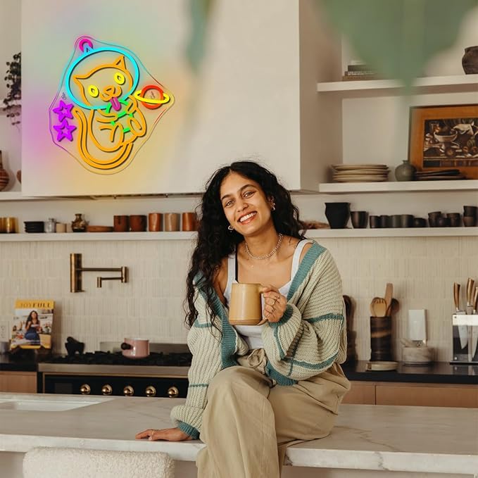 Astronaut Boba Tea Cat Neon Sign Cat Neon Lights for Wall Decor Cute Kitty with Stars Asteroids Anime Led Light Sign for Kids Bedroom Dimsum Store Cofes Bar Milk Tea Shop