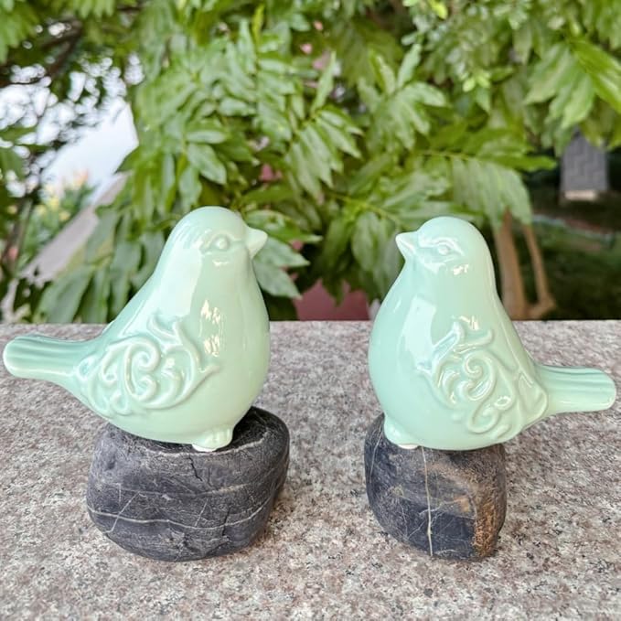 2PCS Ceramic Bird Figurines Decorative Bird Ornaments Statue for Home Garden Decor (Green)