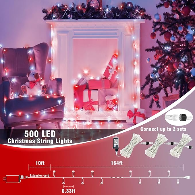 500 LED Christmas String Lights - 165ft Outdoor Waterproof Twinkle Fairy Lights, 8 Modes Plug-in With Timer Memory for Indoor Outside Bedroom Home Party Decoration, Red & White