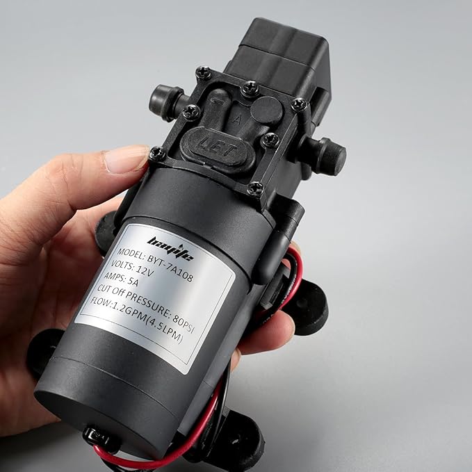 bayite 12V DC Water Transfer Pump with 2 Hose Clamps 12 Volt Diaphragm Pump Self Priming Sprayer Pump with Pressure Switch 4.5 L/Min 1.2 GPM 80 PSI for Weed ATV Marine Boat