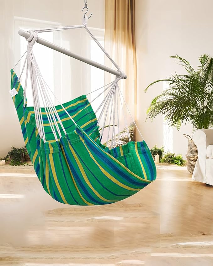 ADVOKAIR Hammock Chair Swing (500 lbs Max) - Hanging Hammock Chair Rope Swing Indoor for Bedroom, Outdoor, Patio, Bedroom, Porch, Deck - Sturdy Steel Bar with Anti-Slip Safety Rings