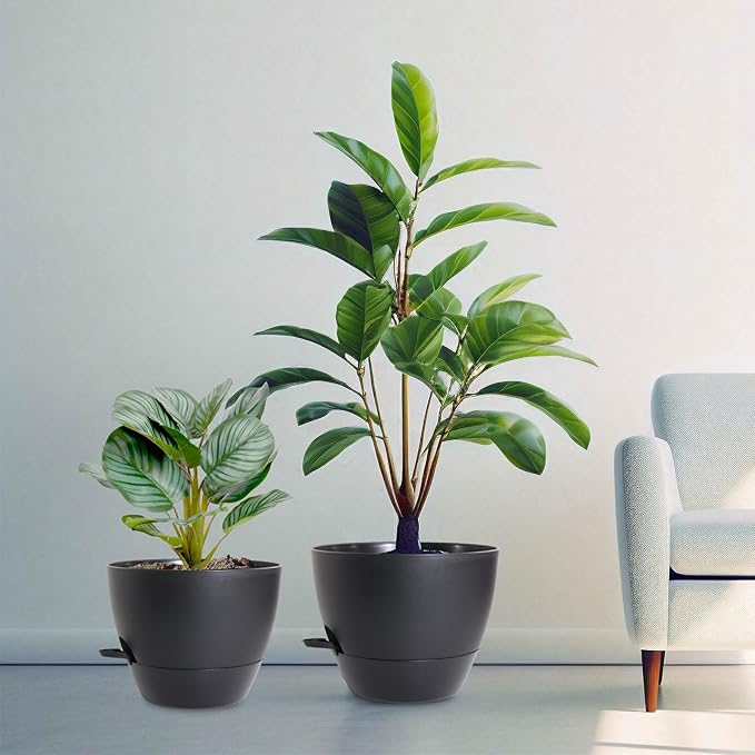 12/10/9 inch Large Self Watering Pots, Planter, Plant Pots with Mesh Drainage Holes for Indoor Outdoor Garden Plants, Plastic Flower Pots with Removable Deep Reservoir, Black