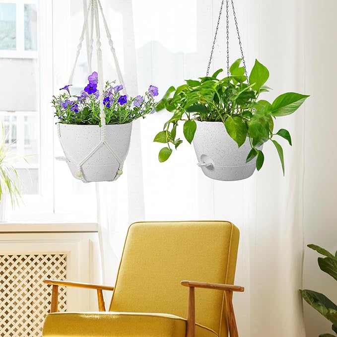 10 inch Self Watering Hanging Planters, 2 Pack Hanging Baskets for Indoor Outdoor Plants, Hanging Flower Pots with Drainage Holes and 2 Kinds of Plant Hangers for Garden Decor, Speckled White