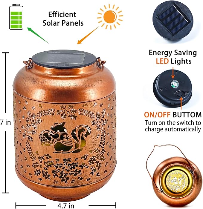 Squirrel Solar Lanterns Outdoor Waterproof Hanging Solar Lights Squirrel Gifts for Women Men Metal Decorative LED Lanterns for Yard, Patio, Lawn, Tabletop, Pathway, Landscape, Garden Decor