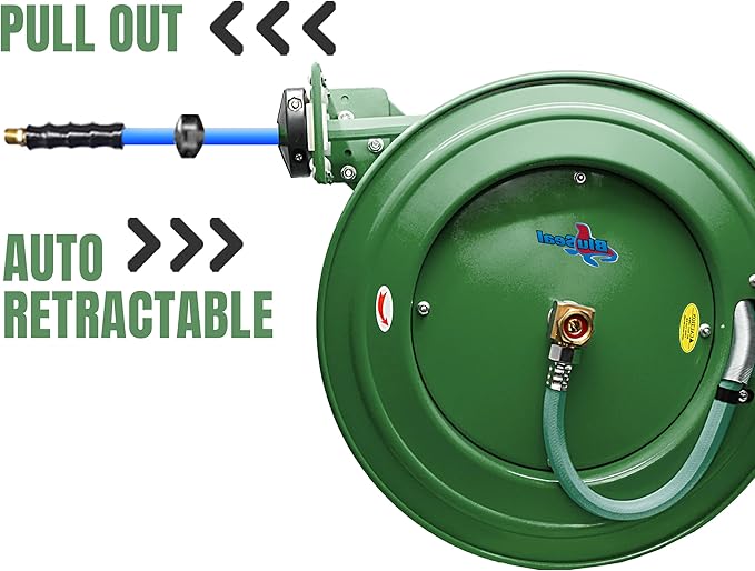 Auto Retractable Water Hose Reel with Hot & Cold Water Rubber Garden Hose, Spray Nozzle - Ultra Light, Super Strong with 6' Lead-in Hose (5/8” x 50’ Green)
