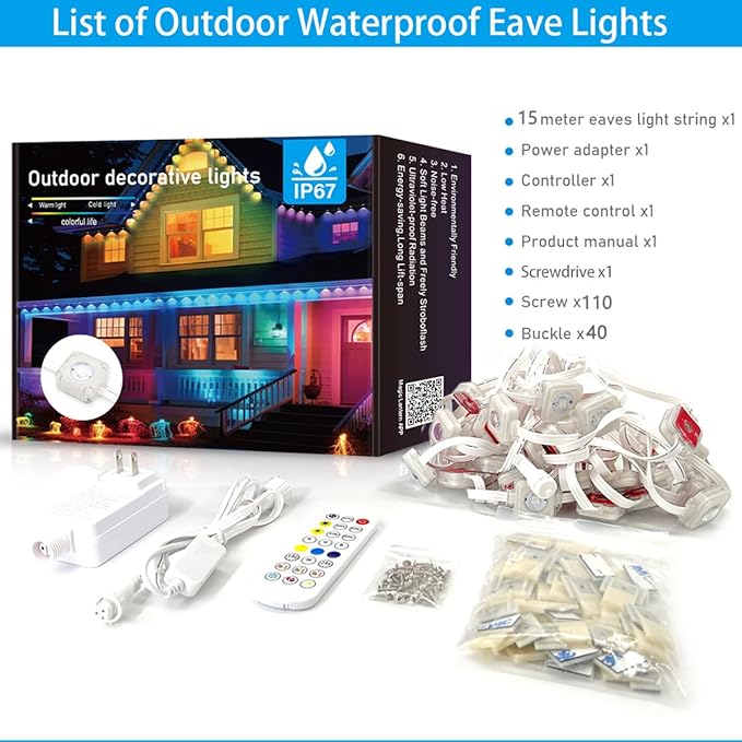 50ft Permanent Outdoor Lights for House, IP67 Waterproof RGB+IC LED Eaves Lights, 54 Scene Modes Outdoor Lighting for Christmas Garden Party Holiday Decorations, with App/Remote Control