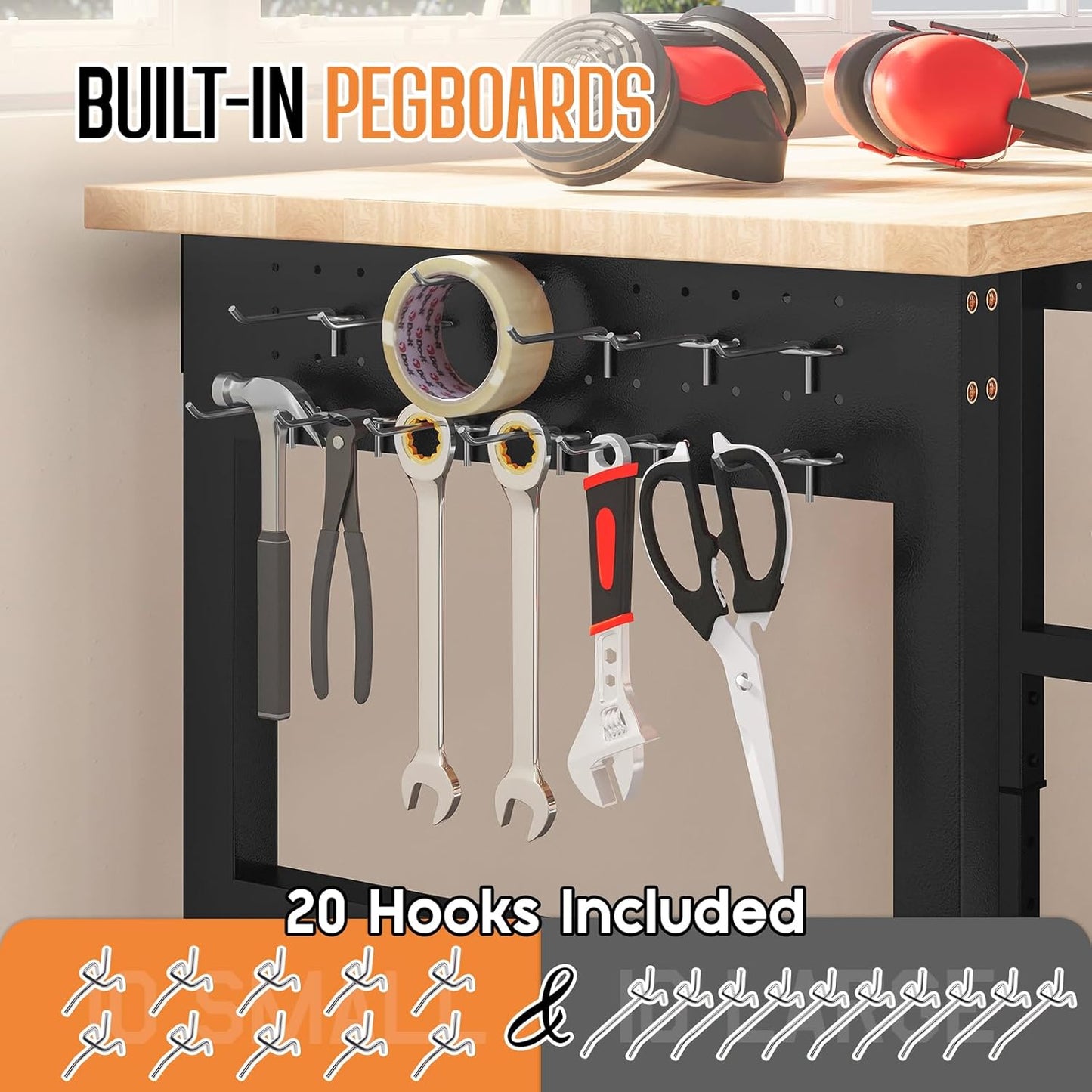 Albott 56"x48" L-Shaped Adjustable Workbench with Storage & Power Strip, Heavy Duty Tool Bench for Woodworking, Garage, Workshop, Home Office, 6000LBS Load, Pegboard & Hooks, ETL Certified