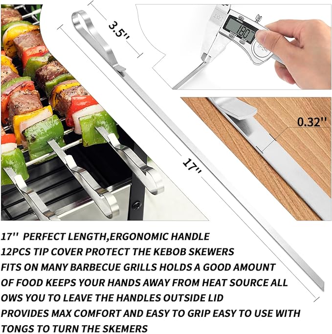 Kabob Skewers 17" Stainless Steel Long BBQ Barbecue Skewers, Flat Metal Kebob Sticks Wide Reusable Grilling Skewers for Meat Chicken,Set of 12 with Storage Bag