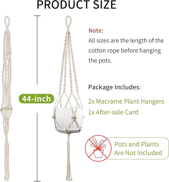 2 Pack Macrame Plant Hanger, 44 Inch, Fits 4-12 Inch Pots, Extra Long Indoor Outdoor Hanging Planter Basket Flower Pot Holder, Boho Home Decor, Ivory (POTS NOT Included)