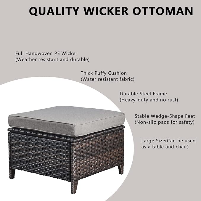 Outdoor Wicker Patio Furniture Set - 5 Piece Rattan Patio Conversation Set with 2 Rocking Swivel Chairs,2 Ottomans and 1 Loveseat for Porch Deck Backyard Garden(Brown/Grey)