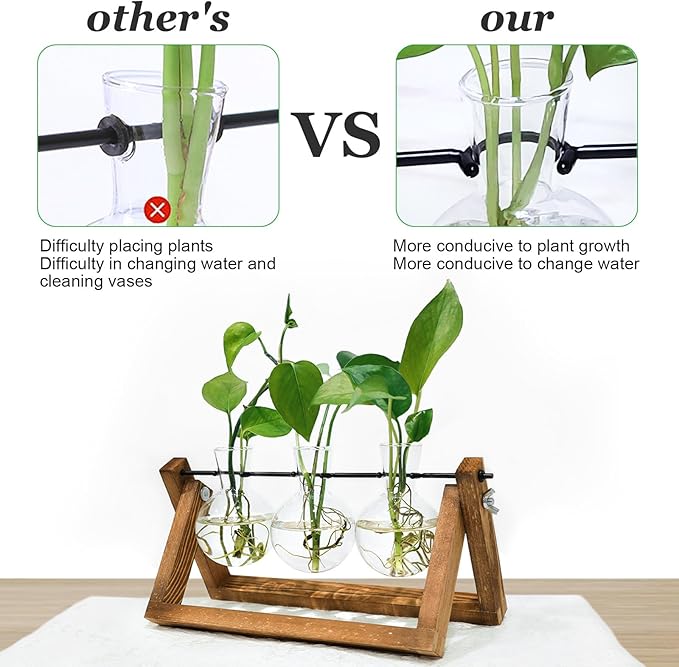 Plant Propagation Station, Plant Terrarium with Wooden Stand, Unique Gardening Birthday Gifts for Women Plants Lovers, Home Office Garden Decor Planter - 3 Bulb Glass Vases