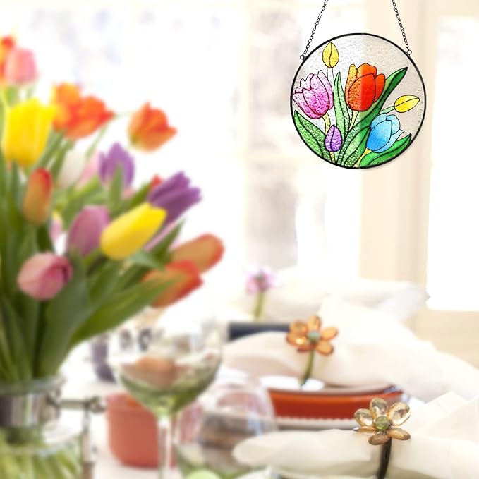 Tuitessine Tulip Suncatcher Stained Glass Window Hanging Panels, 6.3''x6.3'' Round Handmade Hanging Ornament with Chain, Garden Patio Wall Decor Flower Gift for Mom Teachers Friends