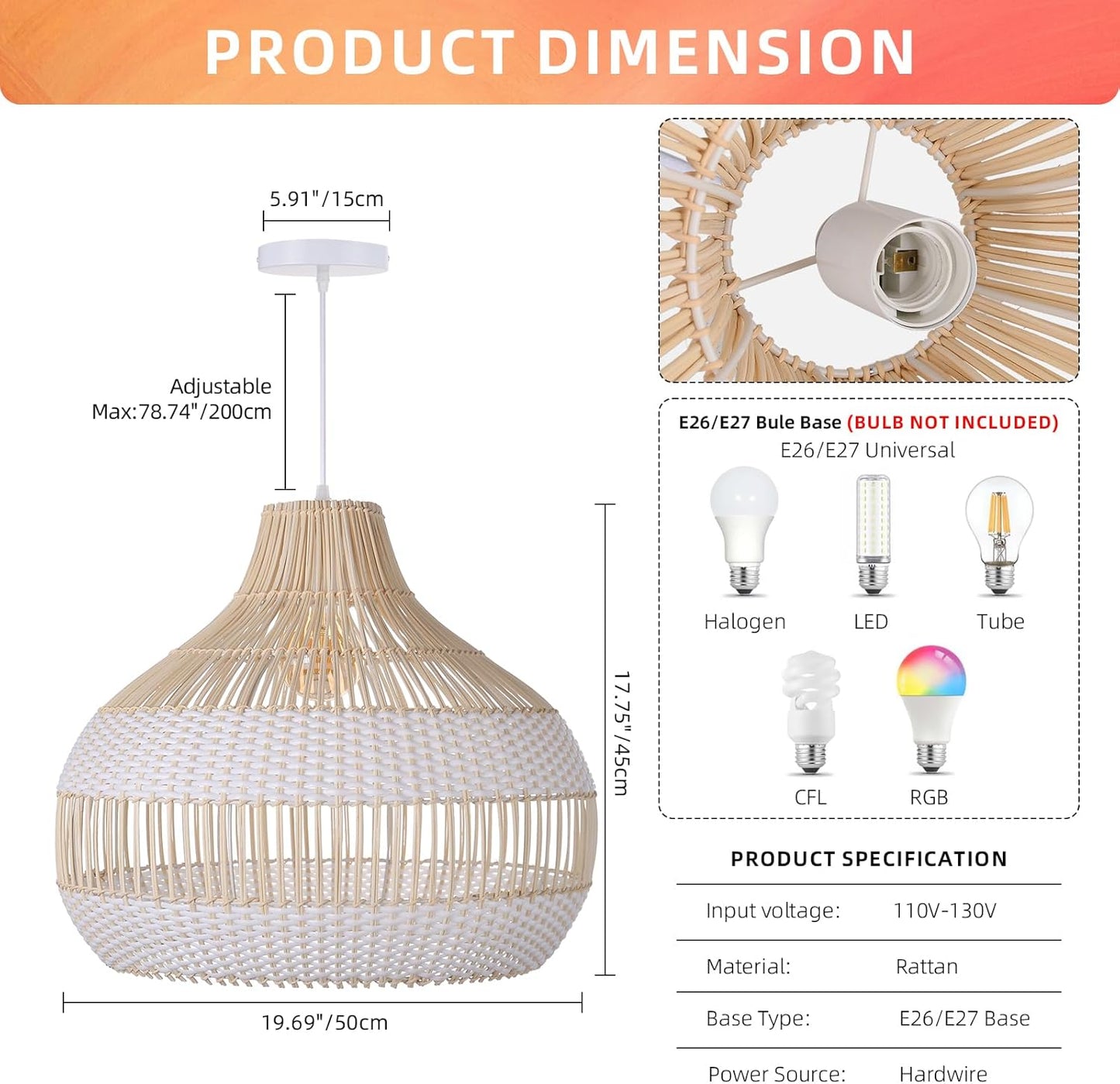 Arturesthome Woven Pendant Light 19.65" White Dining Room Lighting Adjustable Natural Rattan Pendant Lighting with Plastic for Restaurants Sitting Room