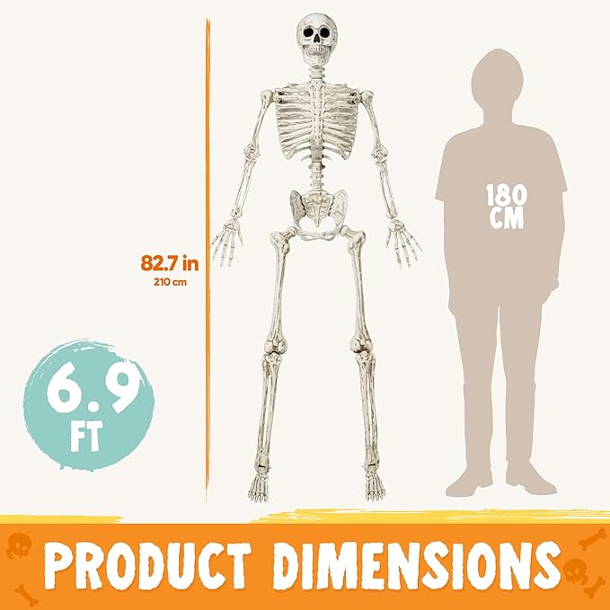 JOYIN 6.9 FT Halloween Skeleton Posable Plastic Full Body Realistic Human Bones with Movable Joints for Indoor Outdoor Halloween Props Spooky Scene Party Decorations(White, No Screwdriver)