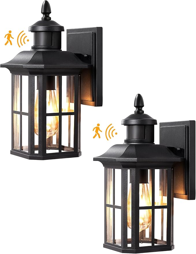 EDISHINE 2 Pack Motion Sensor Outdoor Wall Lights, Dusk to Dawn Exterior Lighting Fixture, Modern Porch Light Wall Mount, Clear Water Glass, Anti-Rust Aluminum for Front Door Garage, Patio, Black