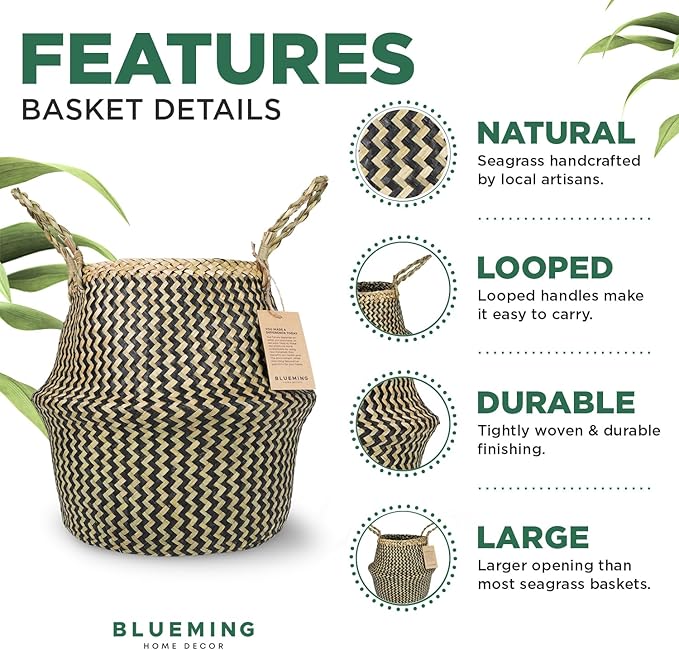 Olive Tree Basket ā Small Seagrass Plant Pot for Tall Indoor Artificial Trees, Woven Planter 8-9 Inches, Wicker Baskets for Decorative Storage (Black, Medium)