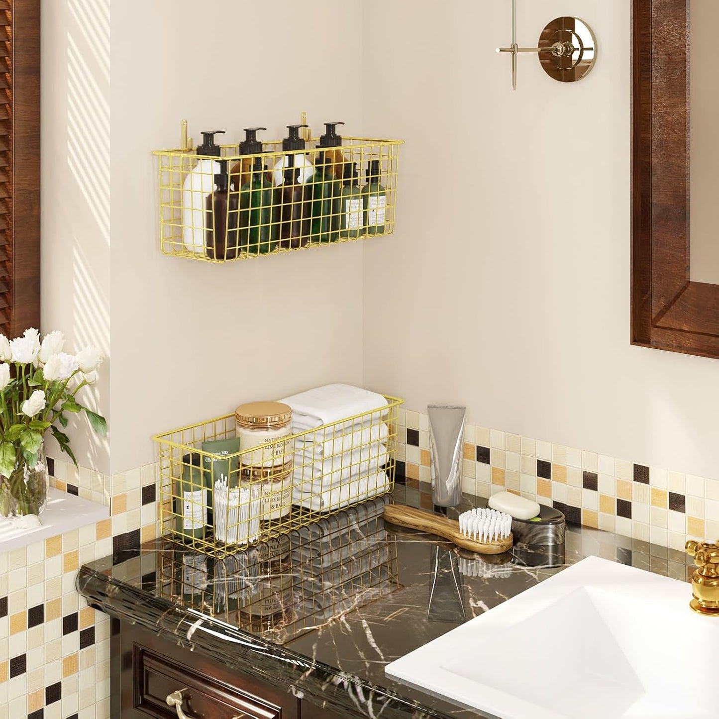 2 Sets Extra Large Hanging Wall Basket, Gold Metal Wire Baskets with Steel Hooks for Organizing, WallmountedFruit Vegetable Toy Snack Storage, Home Kitchen Bathroom Laundry Pantry Organizer