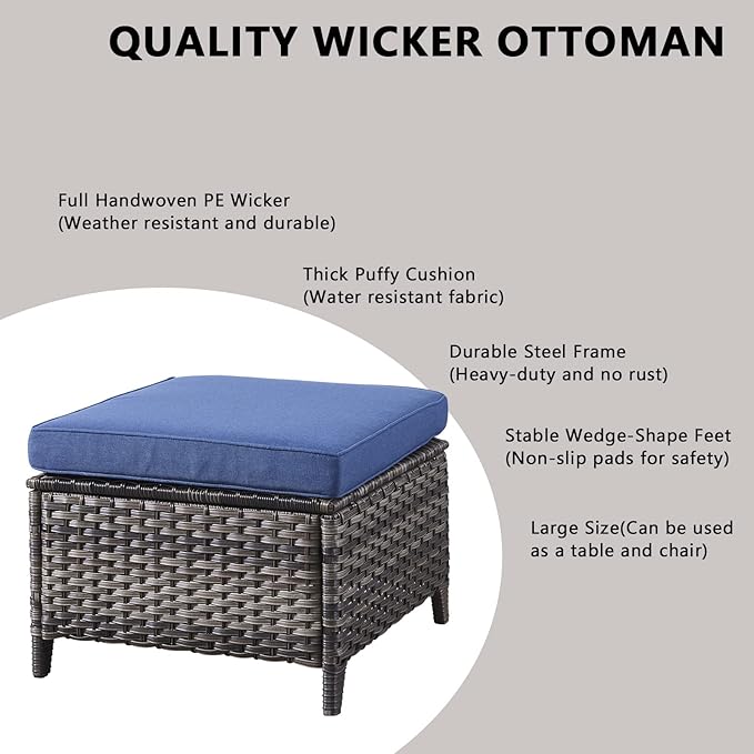 Outdoor Wicker Patio Furniture Set - 6 Piece Rattan Patio Conversation Set with 2 Rocking Swivel Chairs,2 Ottomans,1 Loveseat and 1 Coffee Table for Porch Deck Backyard Garden(Mixed Grey/Blue)