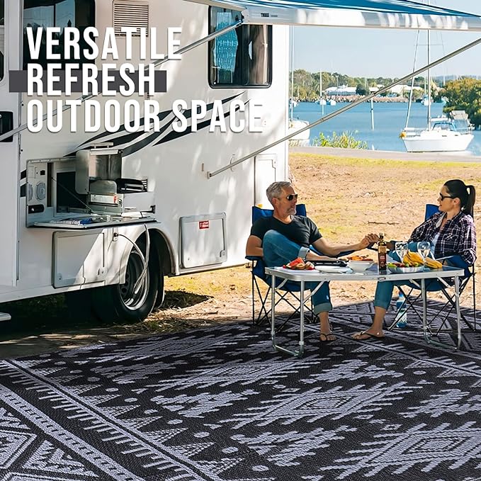 OLANLY Outdoor Rug Waterproof 5x8 ft, Reversible Outdoor Plastic Straw Rug, Boho Patio Rug, Indoor Outdoor Carpet, RV Mat Outside for Patio, Camp, Picnic, Balcony, Deck, Backyard, Black & Grey