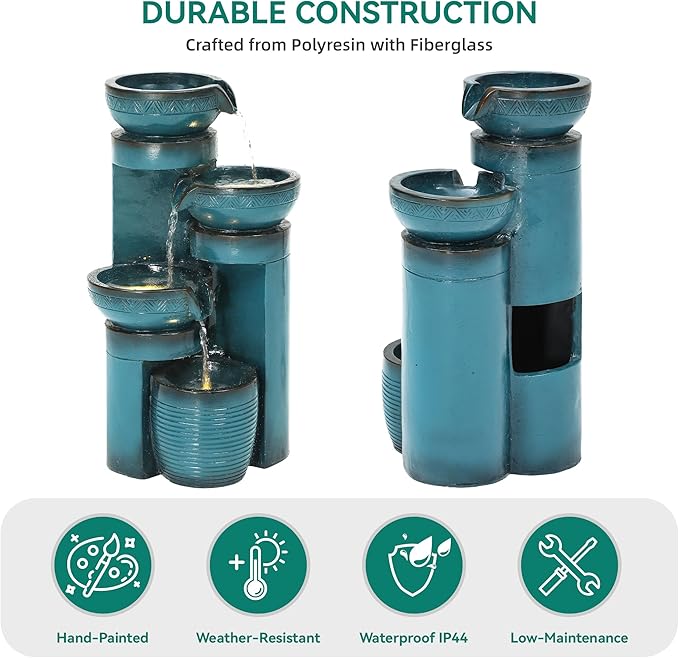 Autodaya 19.3" H Pedestal Outdoor Water Fountain with LED Lights and Pump, 4-Tier Cascading Water Feature, Tranuil Waterfall for Relaxing Garden, Patio, Yard, or Porch, Turquoise, Faux Ceramic Finish