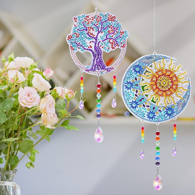 3 Pack Diamond and Painting Suncatcher Window Hanging Ornament Crystal Window Garden Decor DIY Kits for Beginners Adult Kids -Tree, Moon, Heart